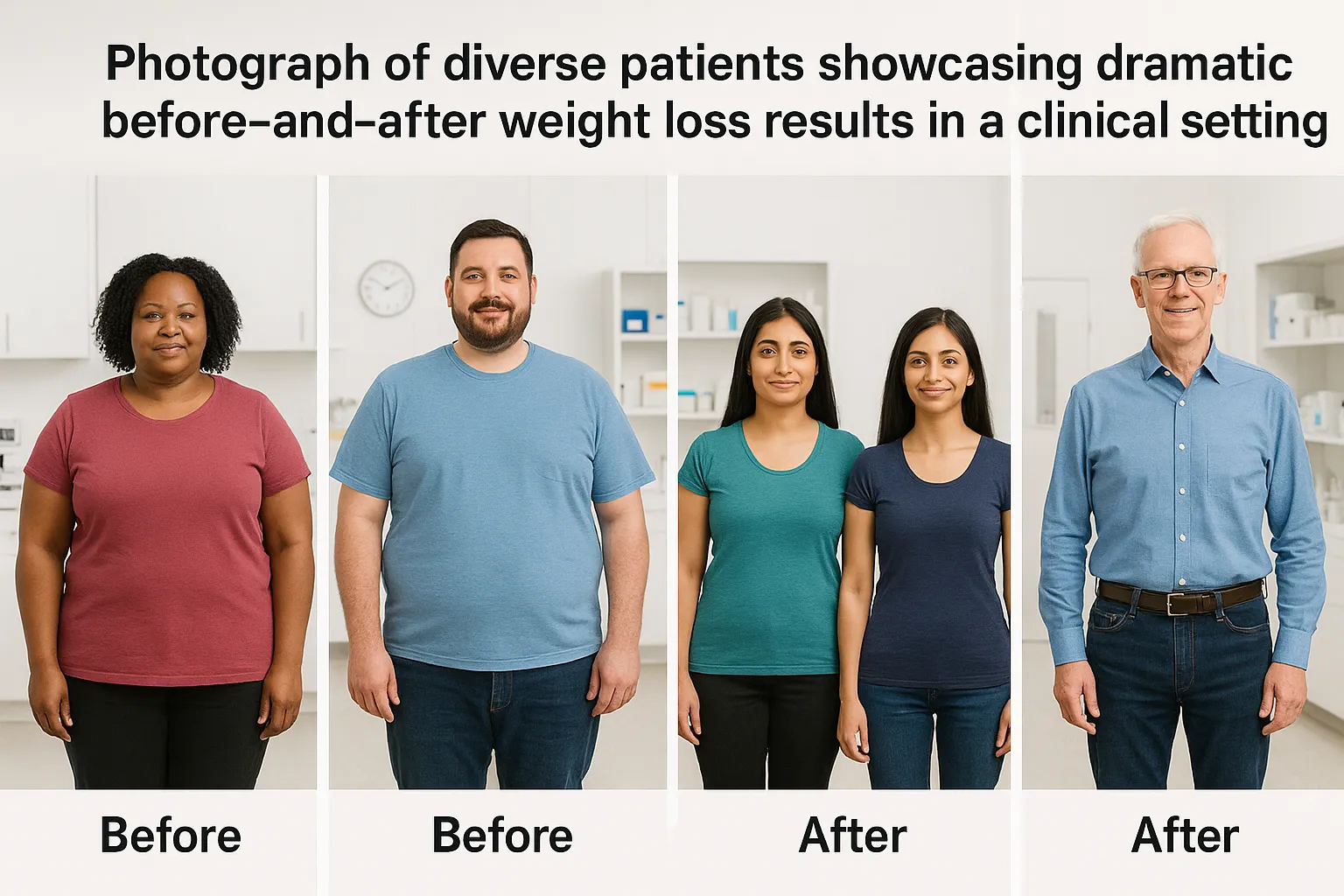 Photograph of diverse patients showcasing dramatic before-and-after weight loss results in a clinical setting.